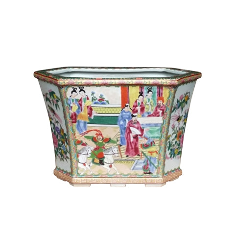 Hexagonal Rose Medallion Porcelain Cache Pot