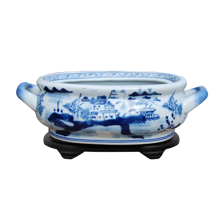Blue and White Porcelain Landscape Motif Footbath
