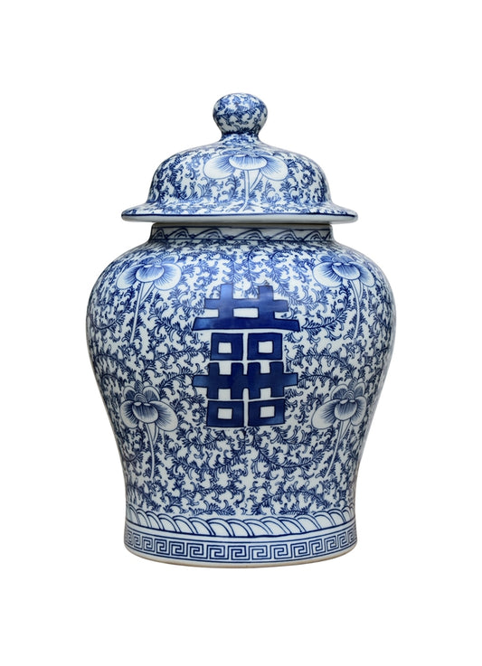 Blue & White Porcelain Double Happiness Chinoiserie Temple Jar 13.5"