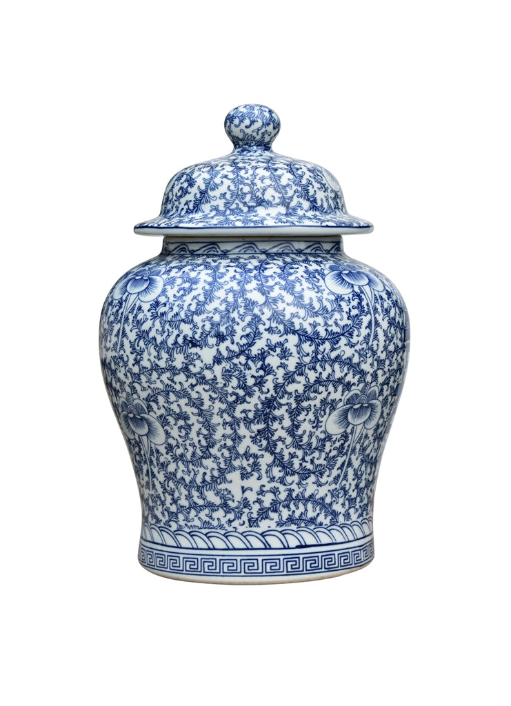 Blue & White Porcelain Double Happiness Chinoiserie Temple Jar 13.5"