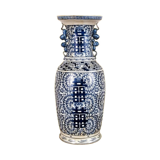 Beautiful Oriental Blue and White Double Happiness Porcelain Vase 24"
