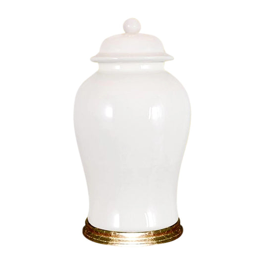 Beautiful Chinese Porcelain White Temple Jar with Gold Leaf Wooden Stand 19"