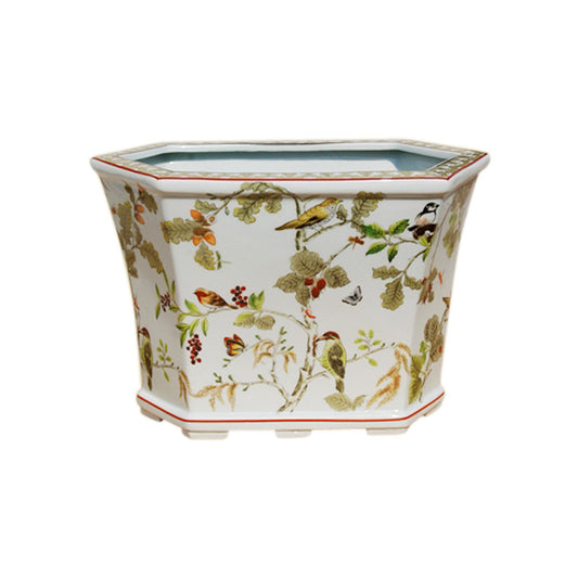 Beautiful Oriental Floral and Bird Motif Hexagonal Porcelain Pot