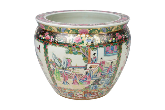 Oriental Rose Medallion Porcelain Bowl Planter 14" Diameter
