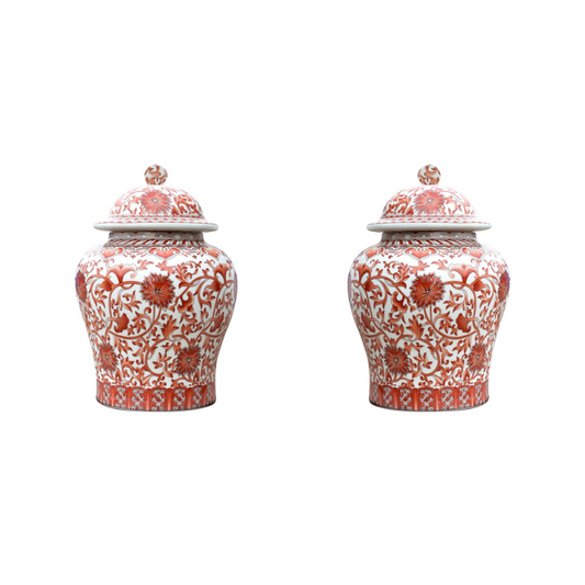 Set of Two Beautiful Orange/Coral And White Porcelain Chinoiserie Temple Jar 13"