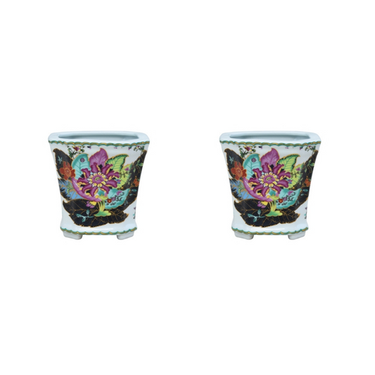 Set of Two Tobacco Leaf Motif Square Porcelain Flower Cachepot 6"