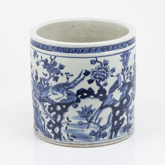 Blue and White Floral Bird Motif Cachepot Pot