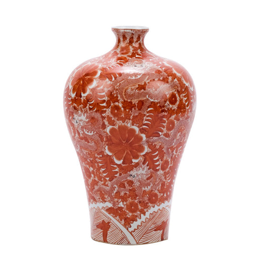 Orange and White Dragon Motif Porcelain Bottleneck Vase 22"