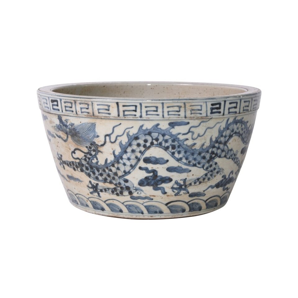 Vintage Style Blue and White Dragon Motif Bowl