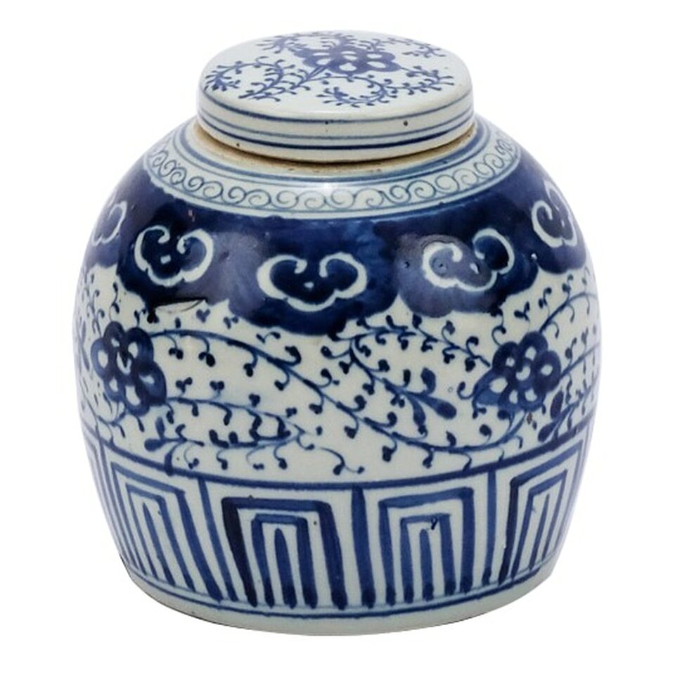 Blue and White Porcelain Ginger Jar Vine Motif 9"