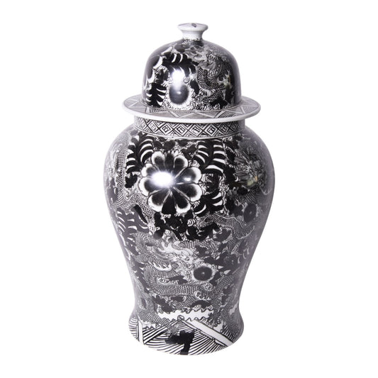 Black and White Porcelain Dragon Motif Temple Jar 18"