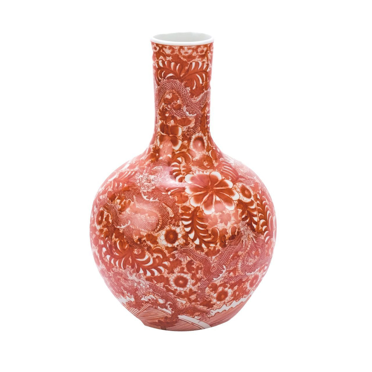 Orange and White Dragon Motif Porcelain Globular Vase 21"