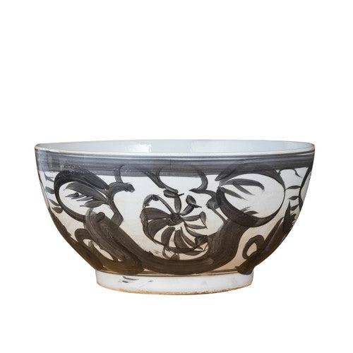 Black Porcelain Bowl Twisted Flower Motif