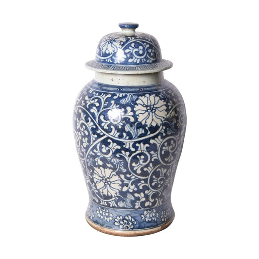 Vintage Style Blue and White Floral Vine Porcelain Temple Jar 18"