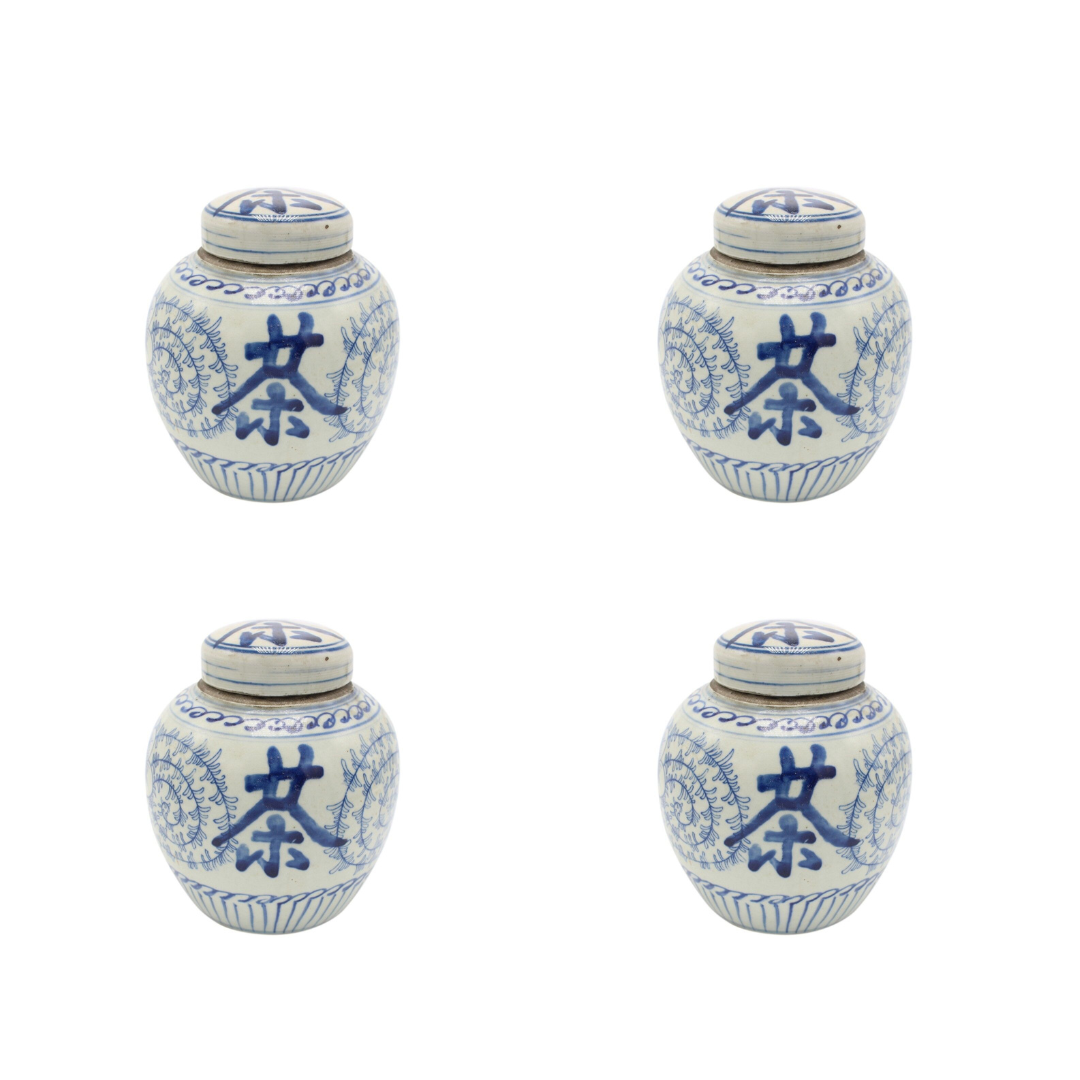Set of Four Blue and White Porcelain Tea Cha Word Ginger Jar Lotus Motif 6"