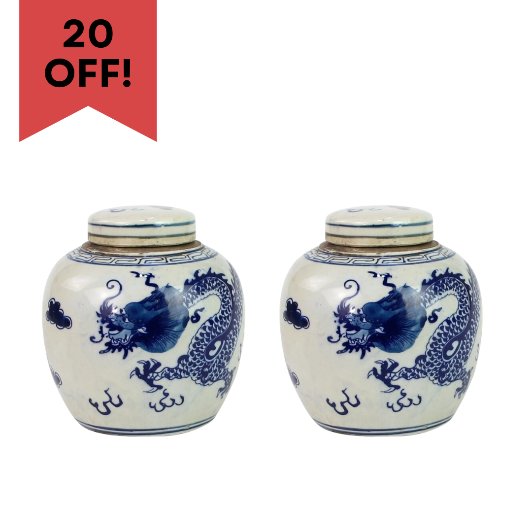Set of Two Beautiful Blue and White Dragon Motif Porcelain Ginger Jar 6"