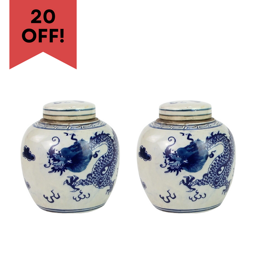 Set of Two Beautiful Blue and White Dragon Motif Porcelain Ginger Jar 6"