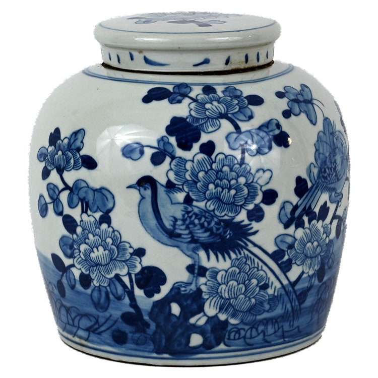 Blue and White Porcelain Floral Bird Motif Ginger Jar 9"