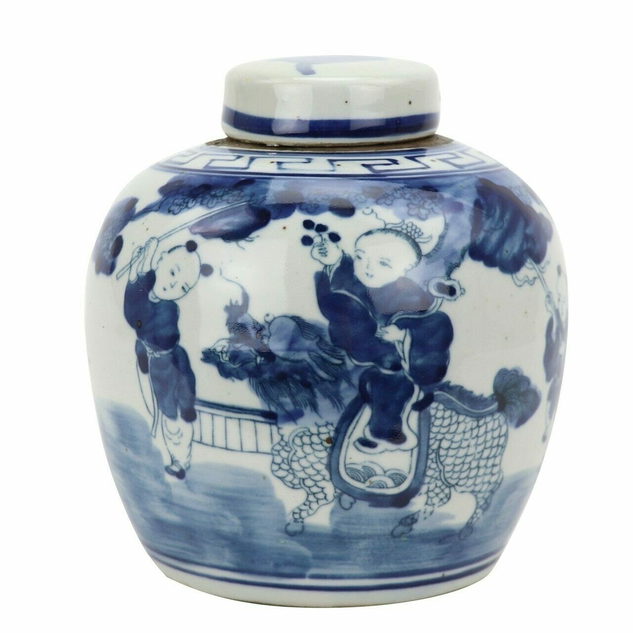 Blue and White Child on Kylin Motif Porcelain Ginger Jar 6"