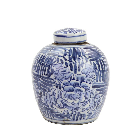 Beautiful Blue and White Floral Feather Porcelain Ginger Jar 6"