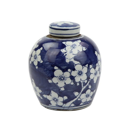 Beautiful Blue and White Floral Cherry Blossom Porcelain Ginger Jar 6"