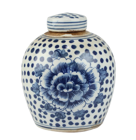 Beautiful Blue and White Floral Cherry Blossom Porcelain Ginger Jar 6"