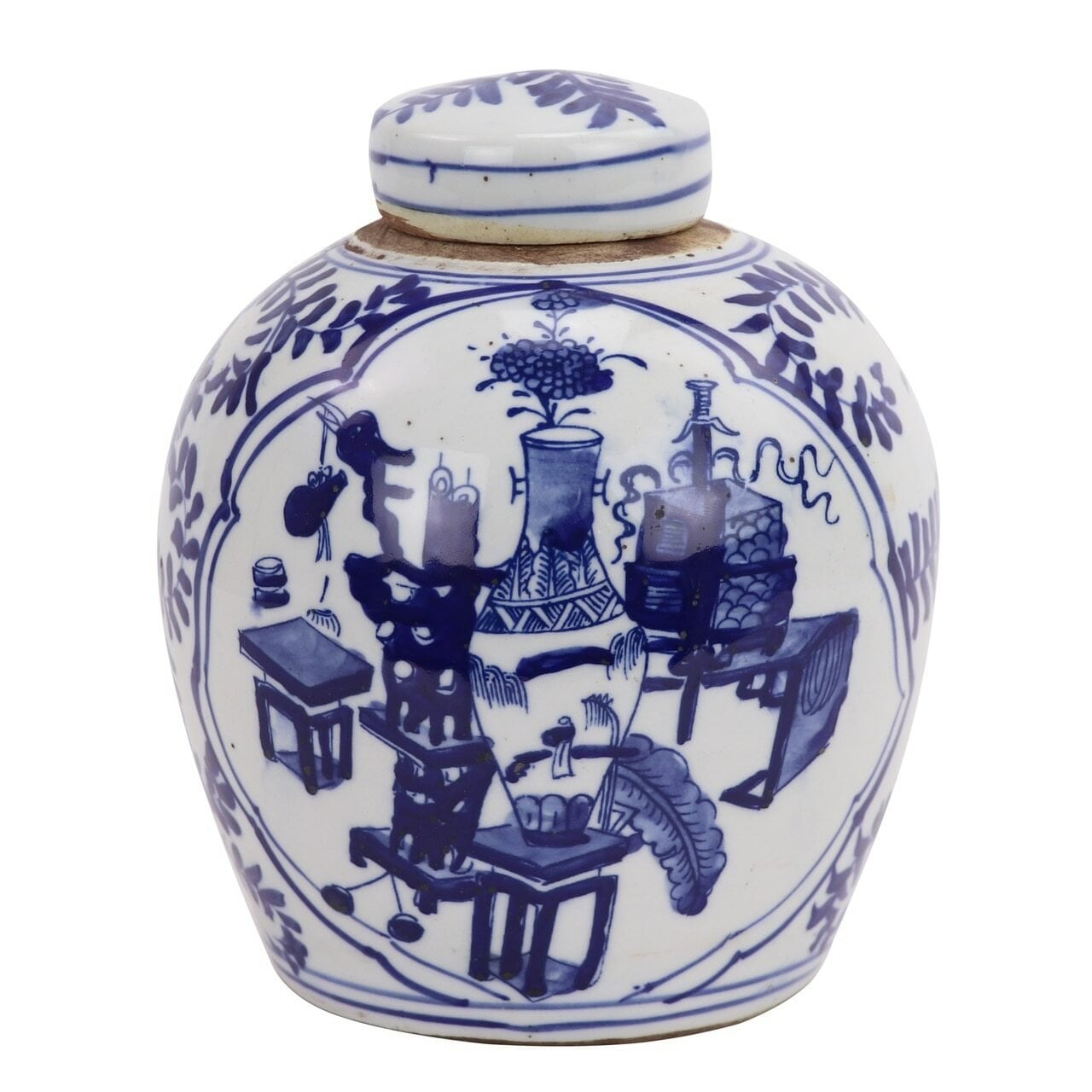 Beautiful Blue and White Treasure Medallion Porcelain Ginger Jar 6"