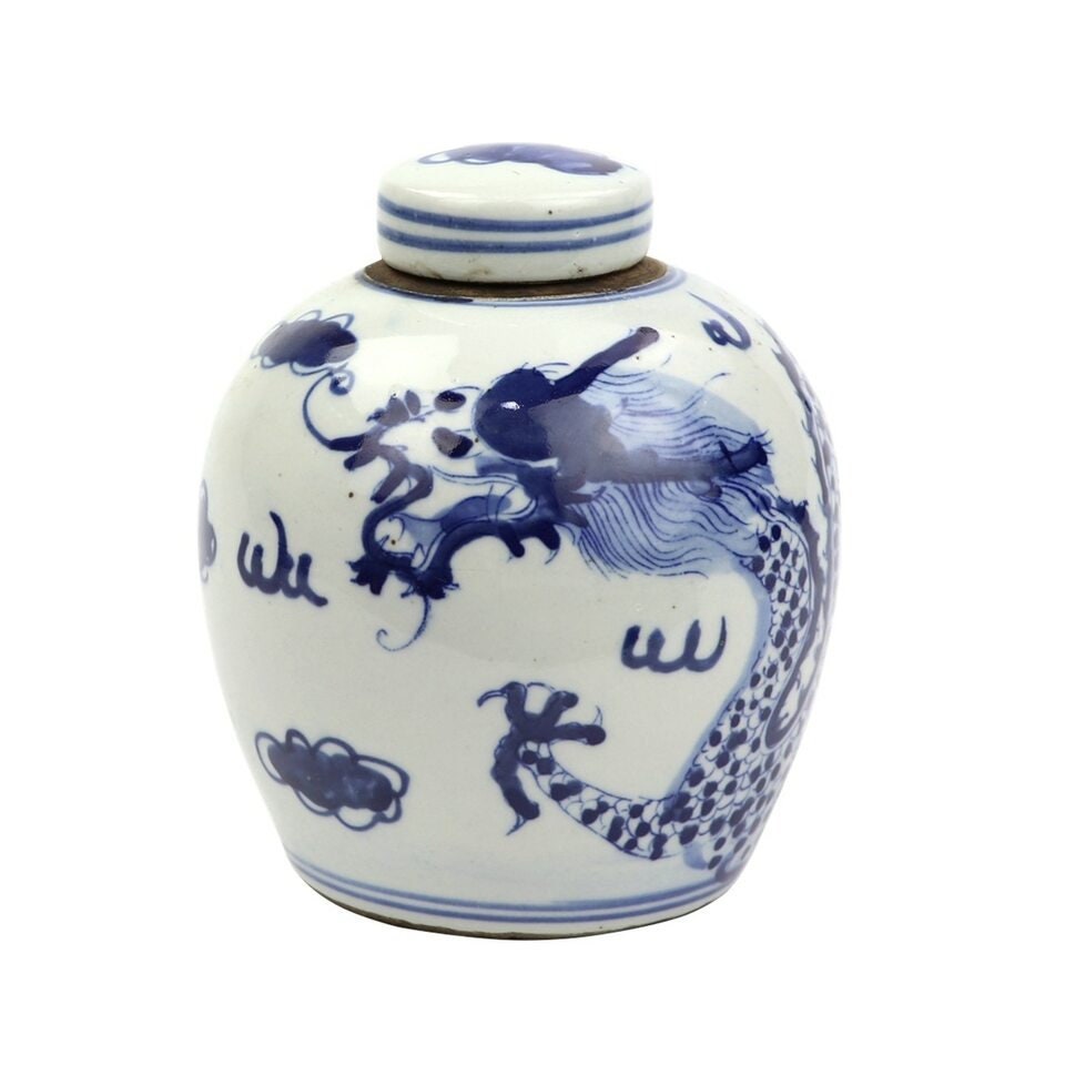 Beautiful Blue and White Dragon Porcelain Ginger Jar 6"