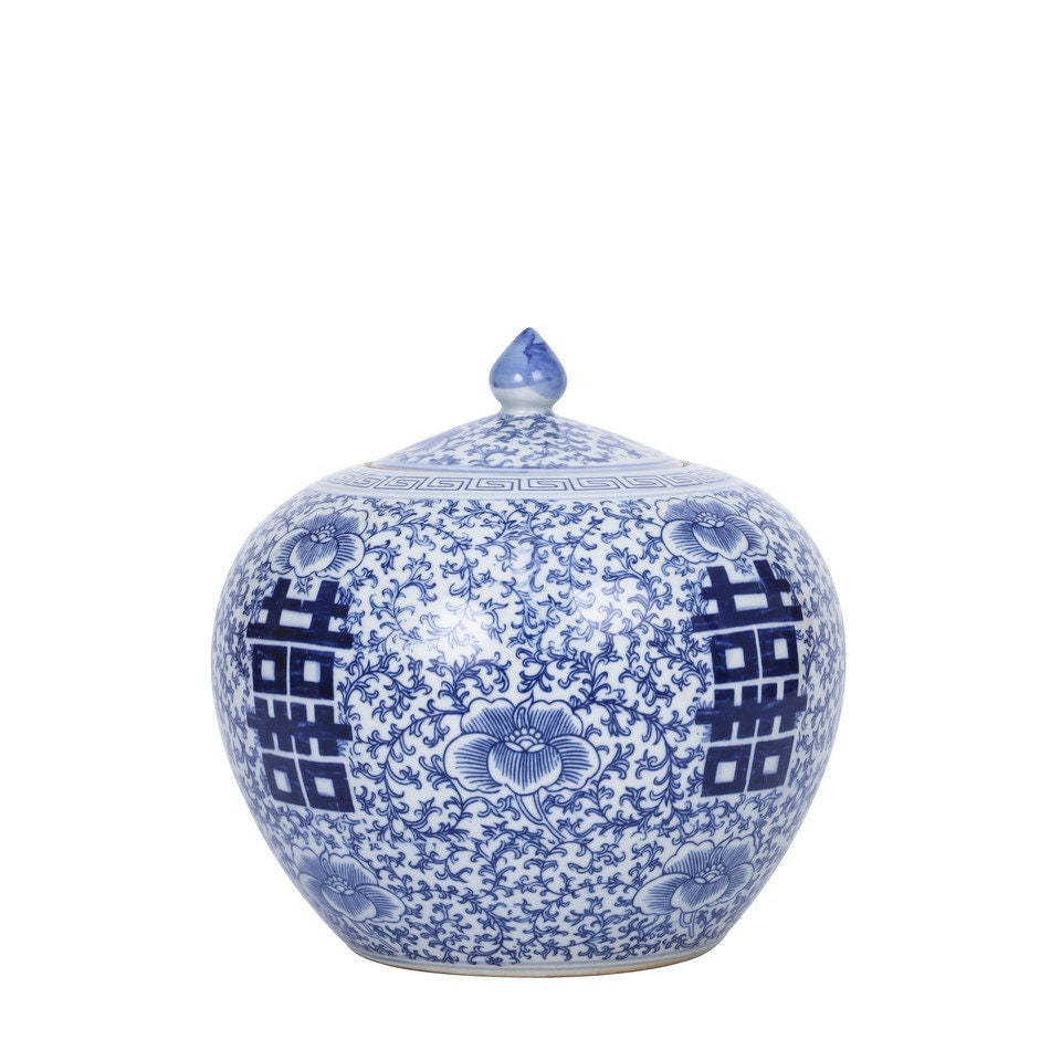 Blue and White Porcelain Double Happiness Melon Jar 9"