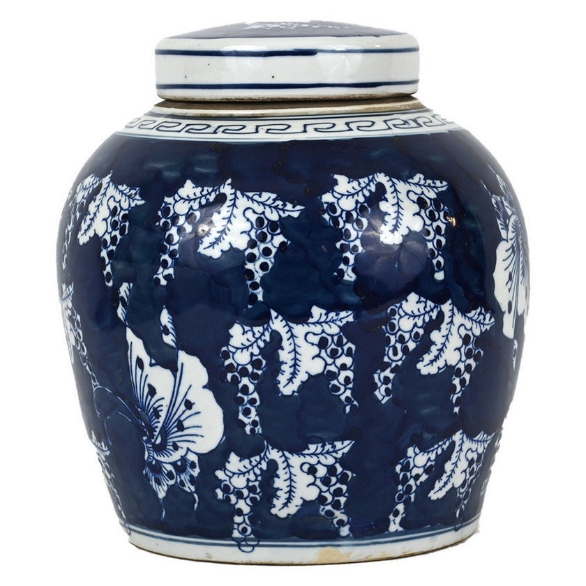 Blue and White Porcelain Butterfly Ginger Jar 9"