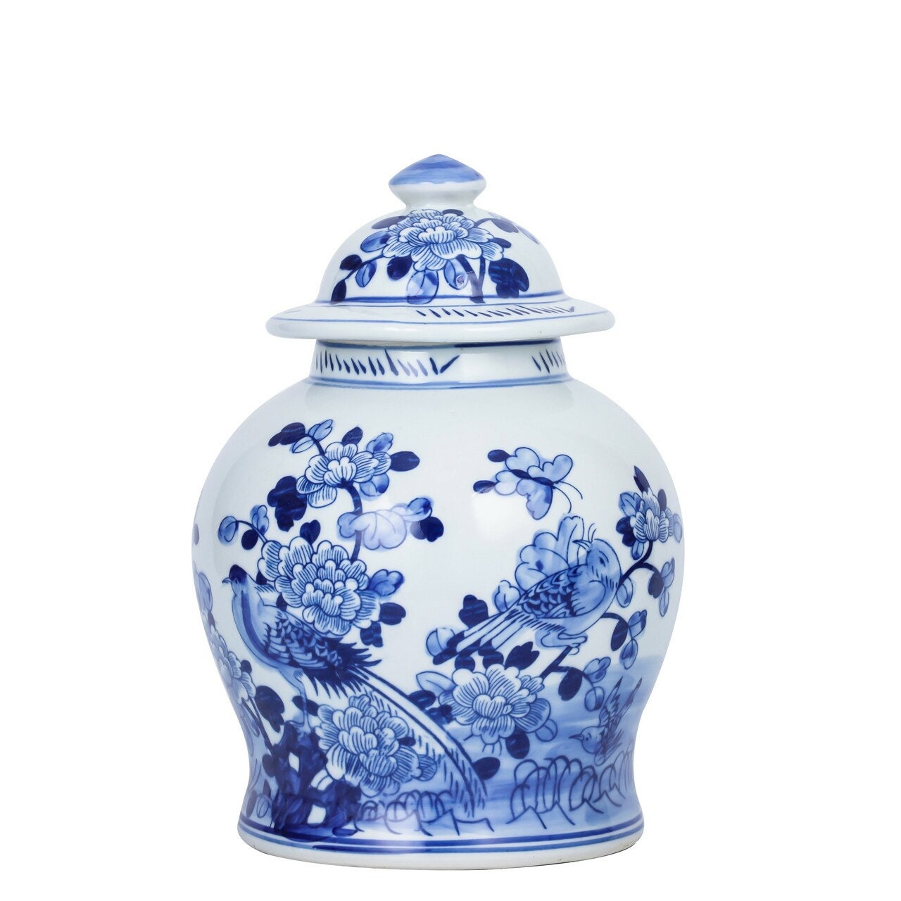 Blue and White Porcelain Bird Motif Temple Jar 12"