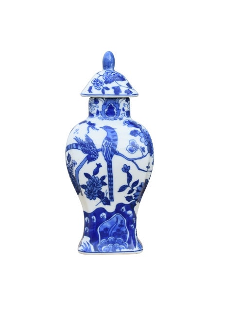 Blue and White Porcelain Bird Motif Pointed Rectangular Jar 11"