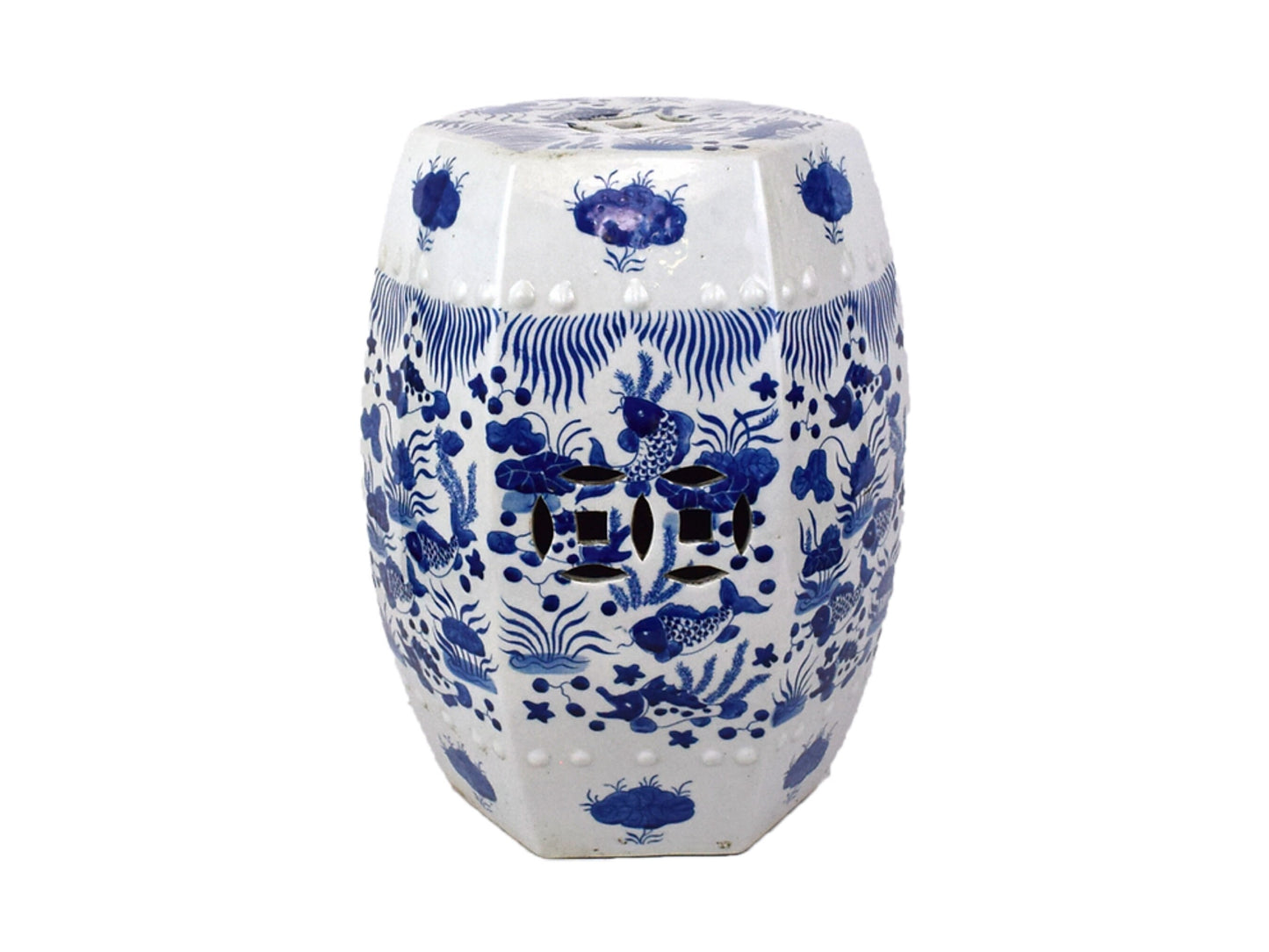 Chinese Blue and White Porcelain Fish Motif Hexagonal Garden Stool 18"