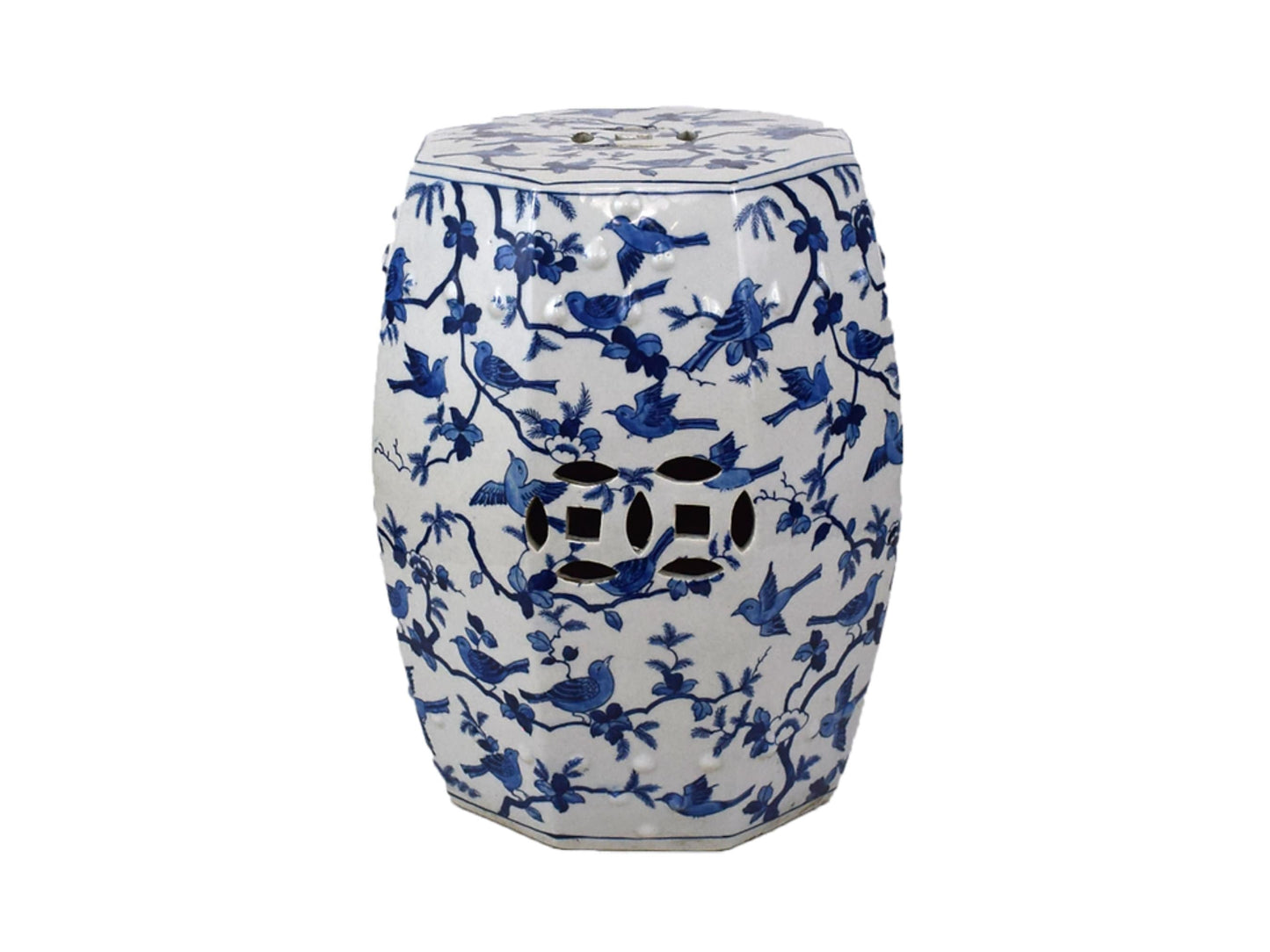 Chinese Blue and White Porcelain Bird Motif Hexagonal Garden Stool 18"
