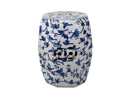 Chinese Blue and White Porcelain Bird Motif Hexagonal Garden Stool 18"