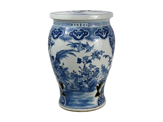 Chinese Blue and White Porcelain Bird Motif Round Drum Garden Stool 18"