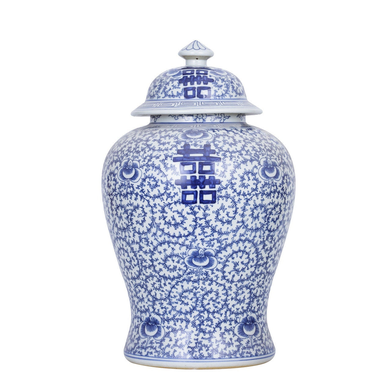 Blue and White Porcelain Double Happiness Temple Jar 20"