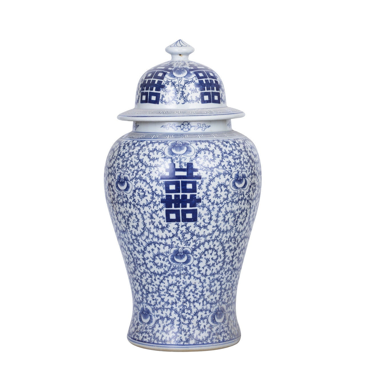 Blue and White Porcelain Double Happiness Temple Jar 24"