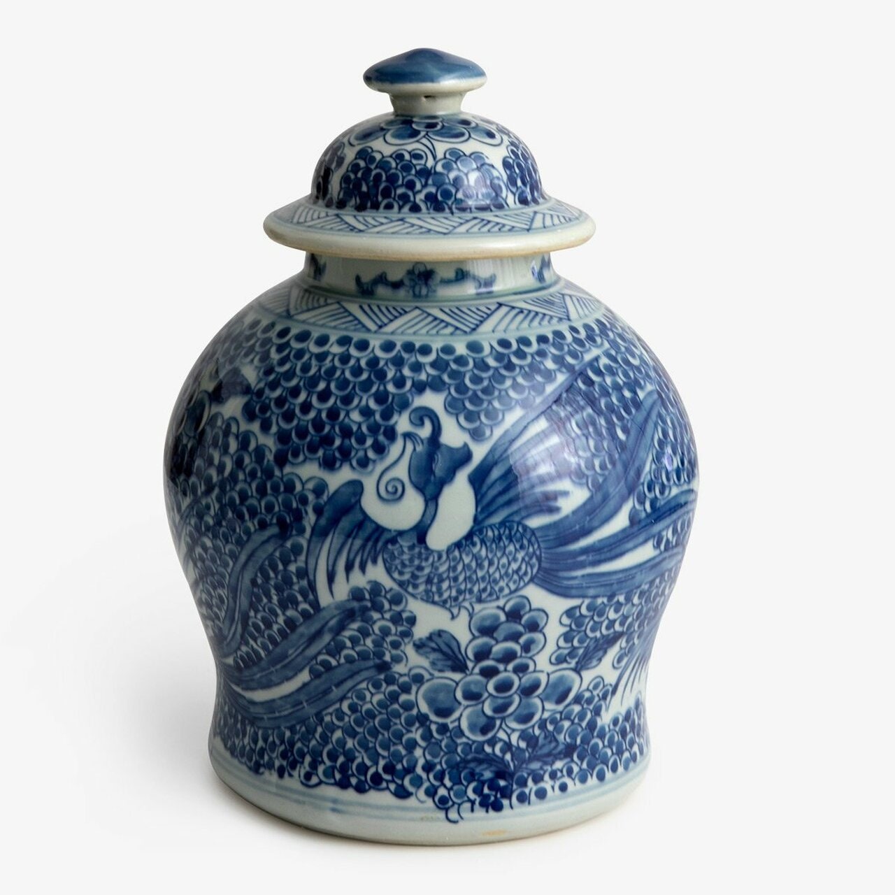 Blue and White Porcelain Phoenix Motif Temple Jar 12"