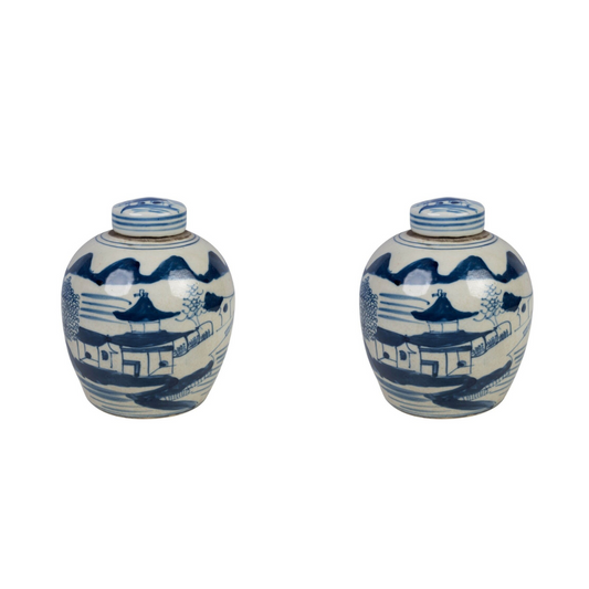Set of Two Blue and White Landscape Motif Porcelain Ginger Jar 6"