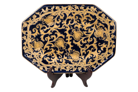 Dark Navy and Gold Tapestry Pattern Porcelain Hexagonal Tray 14" x 10.5"