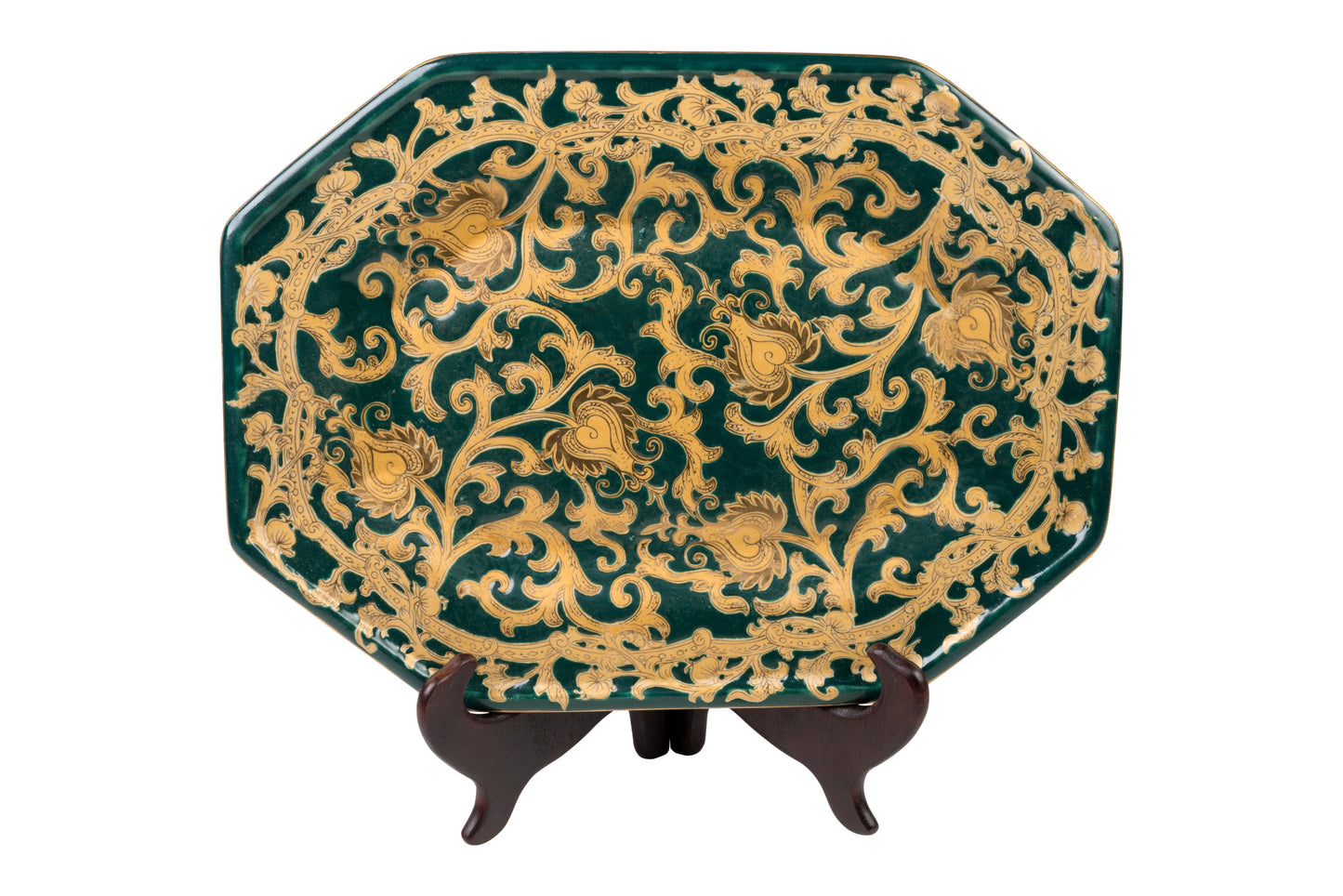 Green and Gold Tapestry Pattern Porcelain Hexagonal Tray 14" x 10.5"