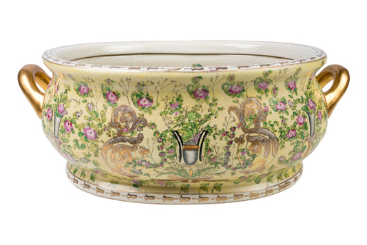 Oriental Yellow Chinoiserie Floral Porcelain Handled Footbath 22" Length