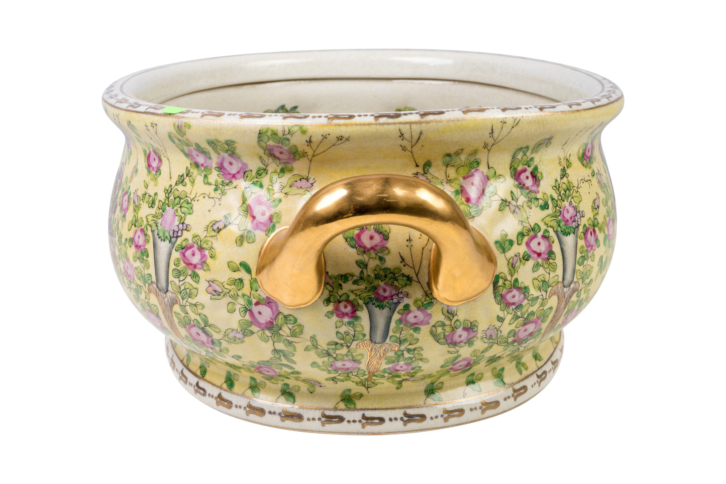 Oriental Yellow Chinoiserie Floral Porcelain Handled Footbath 22" Length