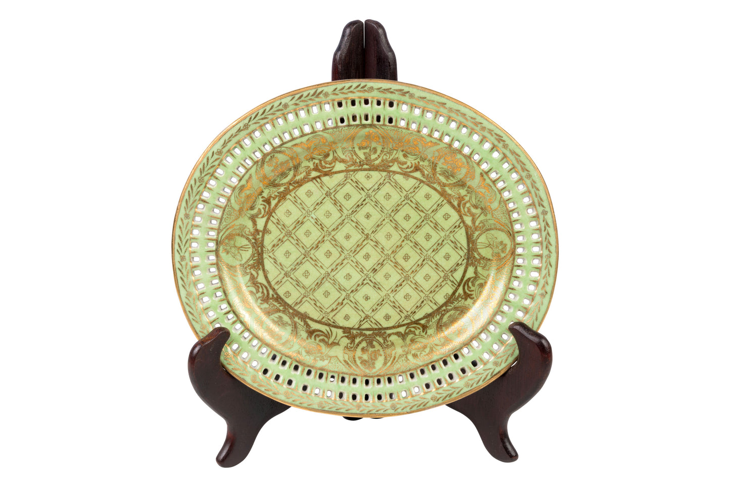 Green and Gold Cross Pattern Porcelain Oval Plate 9"x7"