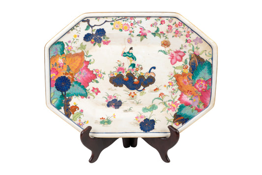 Oriental Tobacco Leaf Pattern Porcelain Hexagonal Tray 14" x 10.5"