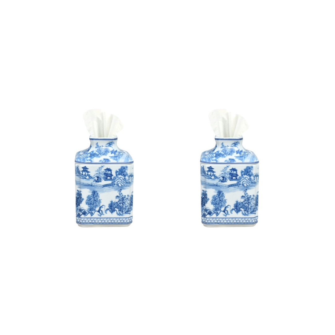 Set of Two Blue and White Porcelain Tissue Box Blue Willow Asian