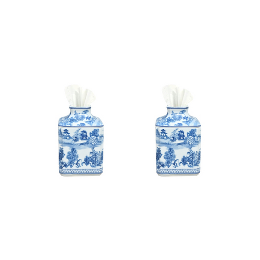 Set of Two Blue and White Porcelain Tissue Box Blue Willow